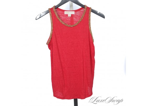 BRAND NEW WITHOUT TAGS MICHAEL KORS CRIMSON RED WASHED LINEN BLEND SLEEVELESS SHIRT W/ GOLD BEADED TRIM S