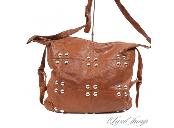 GREAT COLOR AND ITS MASSIVE! SURYS VICUNA CARAMEL BROWN TUMBLED LEATHER STUDDED X-LARGE SLOUCHY BAG