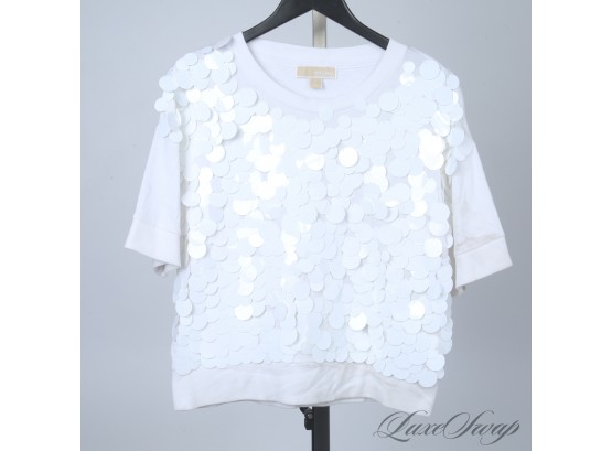 SO CUTE! BRAND NEW WITHOUT TAGS MICHAEL KORS WHITE SHORT SLEEVE KNIT CREWNECK WITH BIG PAILLETES! S