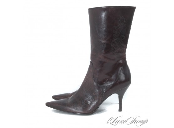 WINTER READY! MATISSE CRACKLED ESPRESSO BROWN LEATHER SIDE ZIP STILETTO MID BOOTS 9.5
