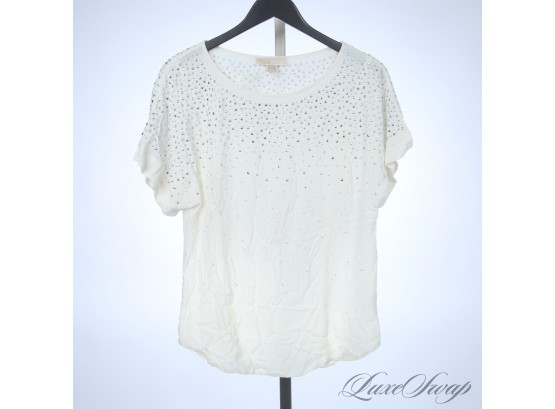 BRAND NEW WITHOUT TAGS MICHAEL KORS ECRU PUCKERED CRINKLED SHORT SLEEVE SHIRT WITH SILVER BEAD SPLASH S
