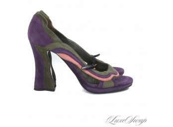 NEAR MINT VIRTUALLY BRAND NEW PRADA MADE IN ITALY GREEN PURPLE AND PINK SUEDE CHUNKY HEEL SHOES 39