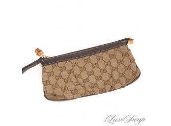 THE ONE EVERYONE WANTS! AUTHENTIC GUCCI MADE IN ITALY BROWN MONOGRAM CANVAS PLEATED ZIP WRISTLET BAG