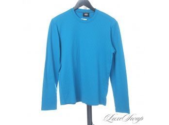 WHAT A COLOR! VERSACE JEANS COUTURE BRIGHT PEACOCK BLUE SCUBA STRETCH DEBOSSED GREEK KEY LONGSLEEVE SHIRT