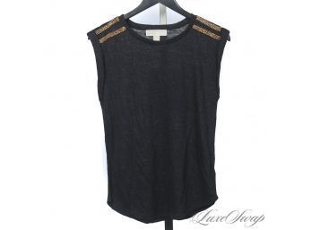 BRAND NEW WITHOUT TAGS MICHAEL KORS BLACK WASHED LINEN BLEND SLEEVELESS SHIRT WITH GOLD STRIPE SHOULDERS S