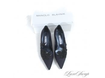 WITH ORIGINAL BOX : MANOLO BLAHNIK MADE IN ITALY MIDNIGHT SATIN 'SWAN' CRYSTAL EMBELLISHED SHOES 41 / 11