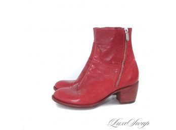 AMAZING QUALITY, LOOK THEM UP! ROCCO P. HAND MADE IN ITALY LIPSTICK RED LEATHER SIDE ZIP CHUNKY HEEL BOOTIES 6