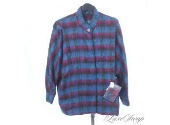 BRAND NEW WITH TAGS $295 FREEDOMWEAR MADE IN IRELAND MOHAIR BLEND SHAGGY ULTRAVIOLET AQUA PLAID COAT M