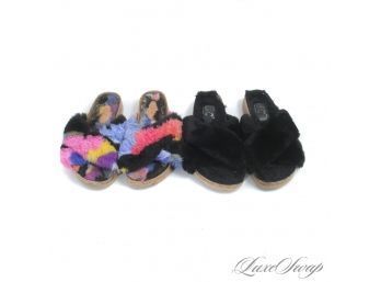 #3 LOT OF 2 BC BORN IN CALIFORNIA BLACK AND RAINBOW FAUX FUR SHEARLING CROSSOVER SANDALS