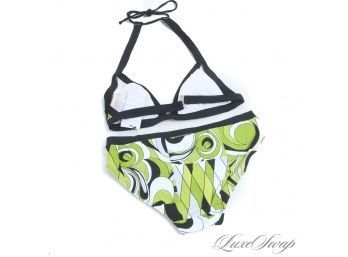 BRAND NEW WITH TAGS MICHAEL KORS LIMEADE GREEN FANTASIA PRINT BLACK TRIMMED PSYCHEDELIC BIKINI XS