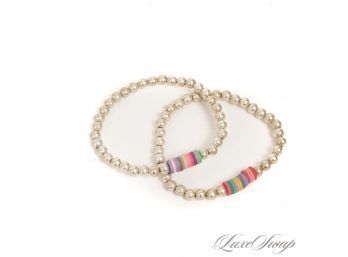 #4 LOT OF TWO MODERN AND CURRENT SILVER BALL BEAD BRACELETS WITH RAINBOW STACKED INSETS