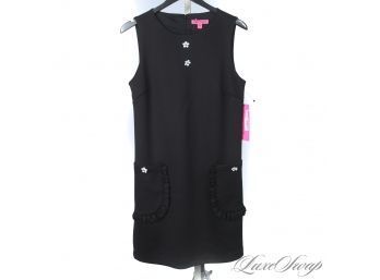 SO MUCH FUN! BRAND NEW WITH TAGS BETSY JOHNSON LICORICE BLACK STRETCH DRESS WITH RUFFLE POCKETS AND FLORAL 12