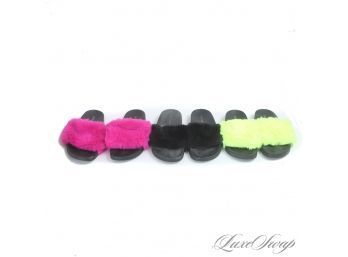 #2 SO CUTE! LOT OF 3 STEVE MADDEN FAUX FUR PINK, NEON GREEN AND BLACK STRAP SLIDE SANDALS 7