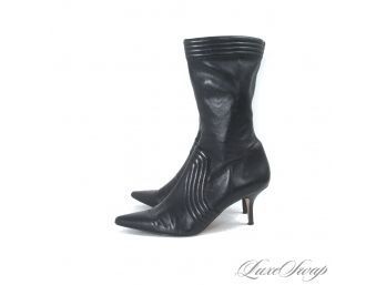 STUNNING! MAX STUDIO BLACK NAPPA LEATHER TRAPUNTO WAVE QUILTED POINT TOE STILETTO BOOTS 9.5