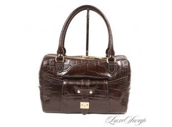 THIS IS GORGEOUS! BRAND NEW UNUSED RALPH LAUREN BROWN ALLIGATOR PRINT LEATHER BAULETTO BOWLER BAG WOW!!!