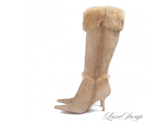 BRAND NEW WITHOUT BOX MELIAN MADE IN SPAIN CAMEL SUEDE GENUINE SHEARLING FUR TRIM SIDE ZIP BOOTS 9