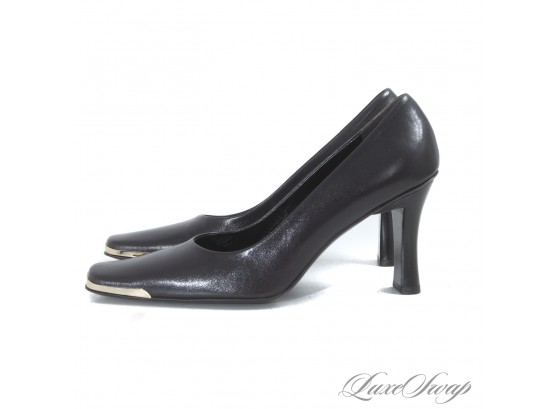 BRAND NEW IN BOX ESCADA MADE IN ITALY $350 BLACK LEATHER SHOES WITH SILVER TOE CAP 39 / 9