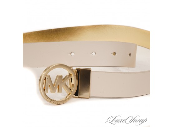#1 START HOLIDAY SHOPPING! BRAND NEW UNUSED MICHAEL KORS CREAM LEATHER BELT WITH GOLD MK MONOGRAM COIN M