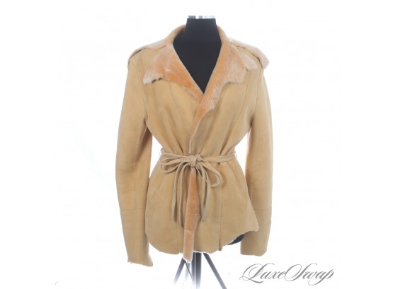 INSANE AND NEAR MINT NEARLY NEW DAMSELLE MADE IN NEW YORK CAMEL SUEDE SHEARED SHEARLING FUR MODERN COAT