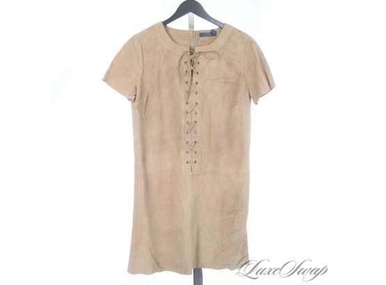 BRAND NEW WITH $998 TAGS POLO RALPH LAUREN CAMEL SUEDE LACED FRONT SOUTHWESTERN DRESS 14
