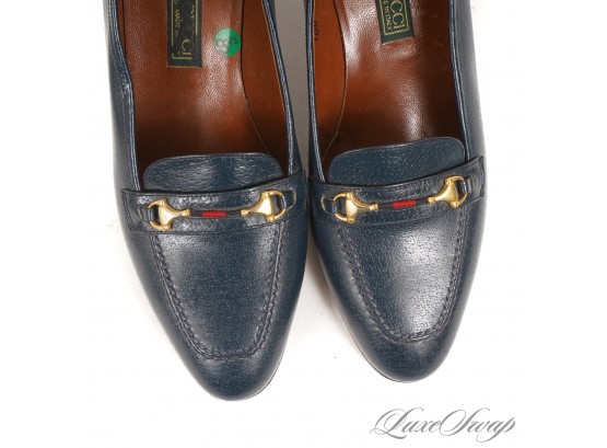 THE HOUSE OF GUCCI MOVIE OMG! VERY RARE VINTAGE UNWORN GUCCI NAVY BLUE HORSEBIT STRAP LOW HEEL SHOES 38.5