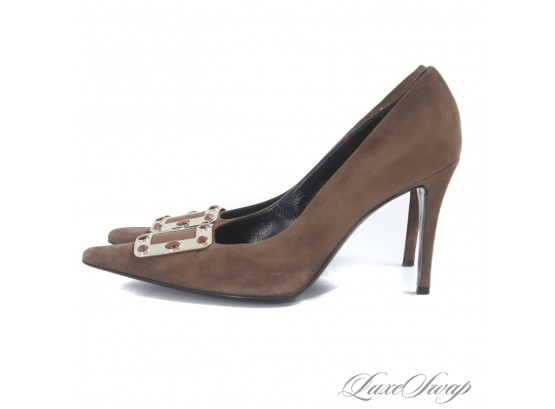 LIKE NEW IN BOX ESCADA MADE IN ITALY $450 CHOCOLATE BROWN SUEDE STUDDED BUCKLE STILETTO PUMPS 39.5 / 9.5