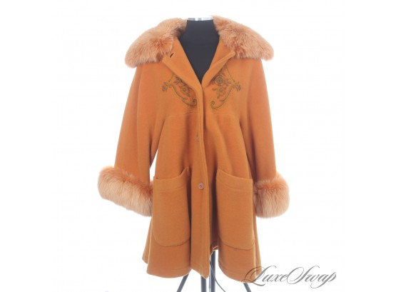TRULY EXTRAORDINARY : BYBLOS MADE IN ITALY SAFFRON FLANNEL 3/4 COAT WITH EMBROIDERY AND FOX FUR COLLAR TRIM 40