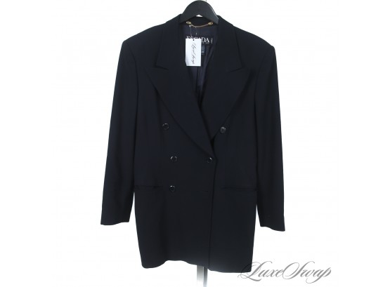 THE 90S IS SO MAJOR RIGHT NOW : ESCADA BLACK STRONG SHOULDERED DRAPED WOOL BLACK BLAZER JACKET 42