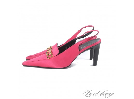 BRAND NEW IN BOX ESCADA MADE IN ITALY $575 HOT PINK SATIN SLINGBACK SHOES WITH CRYSTAL BUCKLE 38.5 / 8.5