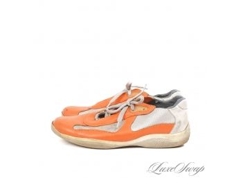 MEGA 2000S : AUTHENTIC PRADA SPORT LINEA ROSSA 'AMERICAS CUP' SILVER MESH AND ORANGE LEATHER SNEAKERS MENS 7