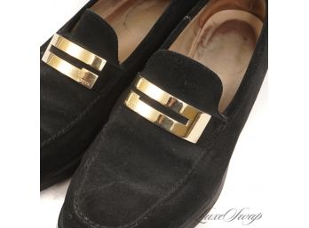 ICONICS! GUCCI MADE IN ITALY WOMENS BLACK SUEDE CLASSIC LOAFERS WITH LARGE GOLD G MONOGRAM BUCKLE 6.5
