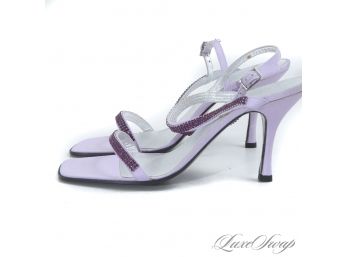 BRAND NEW IN BOX ESCADA MADE IN ITALY $410 LILAC LAVENDER SATIN CRYSTAL ENCRUSTED STRAPPY SANDALS 39.5 / 9.5