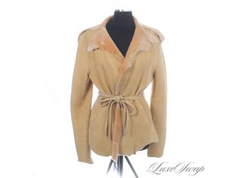 INSANE AND NEAR MINT NEARLY NEW DAMSELLE MADE IN NEW YORK CAMEL SUEDE SHEARED SHEARLING FUR MODERN COAT