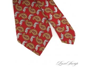AUTHENTIC SALVATORE FERRAGAMO MADE IN ITALY MENS SILK TIE IN RUBY RED WITH CROUCHING LEOPARD AND PAISLEY