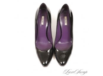 I CANT EVEN STAND HOW HOT THESE ARE : MIU MIU BY PRADA BLACK PATENT LEATHER ALMOND TOE PUMPS SHOES 36