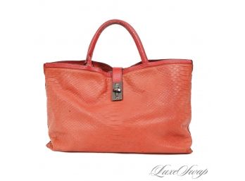 THIS COLOR OMGGGGG : CHRISTIAN LACROIX PARIS LARGE 18' CORAL PYTHON PRINT FLORAL LINED TOTE BAG
