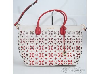 #8 BRAND NEW WITHOUT TAGS MICHAEL KORS X-LARGE MILK WHITE LEATHER TOTE WITH FLORAL CUTOUTS & REMOVABLE INSERT
