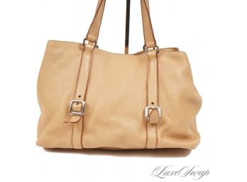 THE STAR OF THE SHOW! AUTHENTIC PRADA MADE IN ITALY CAMEL DEERSKIN LEATHER LARGE LOGO EMBOSSED SATCHEL BAG