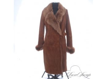 THE STAR OF THE SHOW! NEAR MINT MIRARI CINNAMON SNUFF SUEDE SHEARED SHEARLING FUR UNSTRUCTURED BELTED COAT 40