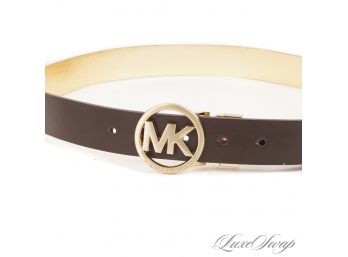 #2 START HOLIDAY SHOPPING! BRAND NEW UNUSED MICHAEL KORS BROWN LEATHER BELT WITH GOLD MK MONOGRAM COIN M