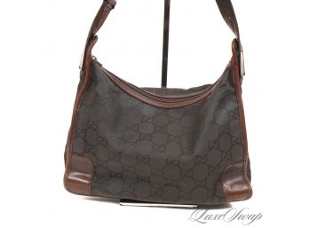 THE STAR OF THE SHOW! AUTHENTIC GUCCI MADE IN ITALY BLACK GG WEB MONOGRAM CANVAS BROWN LEATHER TRIM BAG