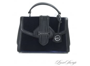 #10 BRAND NEW WITHOUT TAGS AUTHENTIC MICHAEL KORS STUNNING DEEP BLUE VELVET FLAP BAG WITH LEATHER TRIM