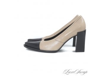 LIKE NEW WITHOUT BOX PRADA MADE IN ITALY $500 TAN LEATHER BLACK CAP TOE CHUNKY HEEL PUMPS 39.5./ 9.5