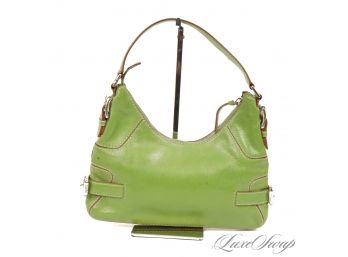 SHES CUTE! MICHAEL KORS APPLE GREEN GLAZED LEATHER BUCKLED SIDE ZIP TOP TOTE BAG