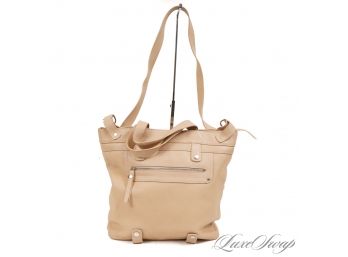 AUTHENTIC AND NEAR MINT LONGCHAMP PARIS MADE IN FRANCE NUDE GRAINED LEATHER ZIP TOP LARGE TOTE BAG