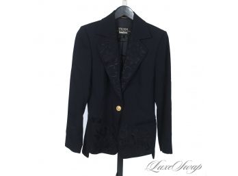 LIKE NEW WITHOUT TAGS ESCADA BLACK LABEL BLACK STRETCH CREPE JACKET WITH EMBROIDERED LAPELS 34 (EU)