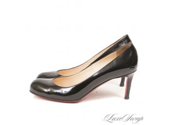 THE STARS OF THE SHOW! AUTHENTIC CHRISTIAN LOUBOUTIN MADE IN ITALY BLACK PATENT LEATHER ALMOND TOE PUMPS 35.5