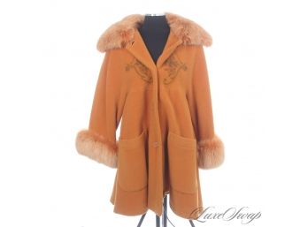 TRULY EXTRAORDINARY : BYBLOS MADE IN ITALY SAFFRON FLANNEL 3/4 COAT WITH EMBROIDERY AND FOX FUR COLLAR TRIM 40
