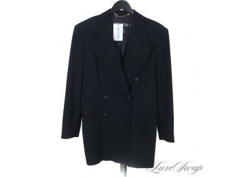 THE 90S IS SO MAJOR RIGHT NOW : ESCADA BLACK STRONG SHOULDERED DRAPED WOOL BLACK BLAZER JACKET 42