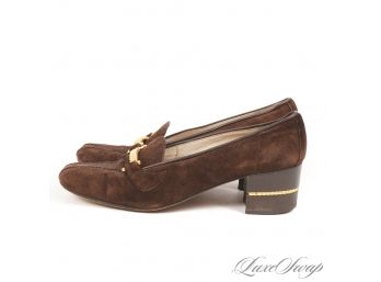WHO IS READY FOR THE MOVIE?! VINTAGE GUCCI BROWN SUEDE LOW HEEL SHOES WITH GOLD BRAIDED BIT DETAIL 37 / 7